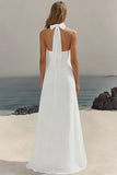 Vestido de Noivado Longo Sem Mangas com Decote Halter e Linha-A na cor Marfim