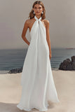 Vestidos de Noiva Branco Cabeçada Chiffon Longo Sem Mangas