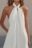 Vestidos de Noiva Branco Cabeçada Chiffon Longo Sem Mangas