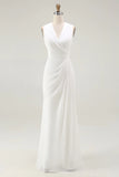 Vestido de Noivado Longo Branco com Decote em V e Franzido