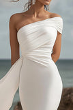 Branco Um Ombro Ruched Sereia Longo Vestidos Cerimónia