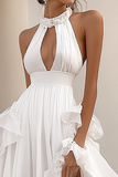 Branco Linha-A Cabeçada Chiffon Longo Vestido De Baile com Fenda