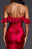 Vestidos Cerimónia com Fenda Vermelho Longo Fora do Ombro Sereia