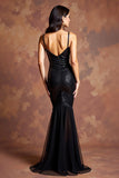 Vestido De Baile com Fenda Preto Brilhante Longo Decote em V
