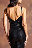 Vestido De Baile com Fenda Preto Brilhante Longo Decote em V
