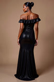 Vestido De Baile com Fenda Preto Brilhante Longo Fora do Ombro Lantejoulas