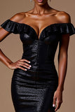 Vestido De Baile com Fenda Preto Brilhante Longo Fora do Ombro Lantejoulas