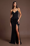 Esparguete Correias Preto Folhos Vestido Formal Longo com Fenda