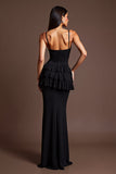Esparguete Correias Preto Folhos Vestido Formal Longo com Fenda