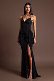 Esparguete Correias Preto Folhos Vestido Formal Longo com Fenda