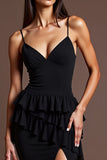 Esparguete Correias Preto Folhos Vestido Formal Longo com Fenda