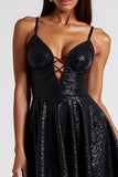 Sparkly Preto Esparguete Correias Vestido de Coquetel Curto com Lantejoulas