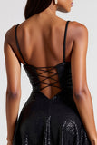 Sparkly Preto Esparguete Correias Vestido de Coquetel Curto com Lantejoulas