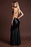 Alças Espaguete Preto Bainha Vestido Formal Longo com Fenda