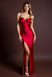 Correias de espaguete vermelho bainha vestido formal longo com fenda