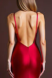 Correias de espaguete vermelho bainha vestido formal longo com fenda