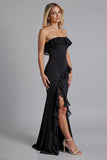 Preto fora do ombro babado vestido formal longo com fenda