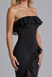 Preto fora do ombro babado vestido formal longo com fenda