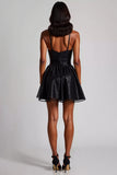 Vestidos Cocktail Linha-A Preto Decote em V  Lantejoulas Curto
