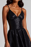 Vestidos Cocktail Linha-A Preto Decote em V  Lantejoulas Curto
