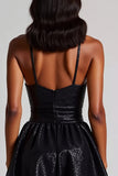 Vestidos Cocktail Linha-A Preto Decote em V  Lantejoulas Curto