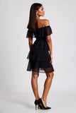 Preto fora do ombro em camadas vestido formal curto chiffon