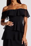 Preto fora do ombro em camadas vestido formal curto chiffon