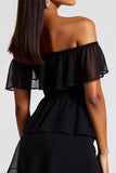 Preto fora do ombro em camadas vestido formal curto chiffon