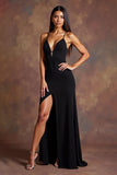 Alças Esparguete Preto Cetim Vestido Formal Longo com Fenda