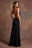 Alças Esparguete Preto Cetim Vestido Formal Longo com Fenda