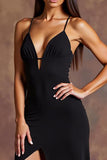 Alças Esparguete Preto Cetim Vestido Formal Longo com Fenda