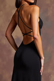 Alças Esparguete Preto Cetim Vestido Formal Longo com Fenda