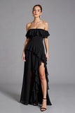 Vestidos Cerimónia com Fenda Preto Fora do Ombro Babado Chiffon Longo