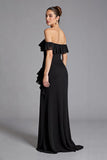 Vestidos Cerimónia com Fenda Preto Fora do Ombro Babado Chiffon Longo