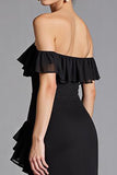 Vestidos Cerimónia com Fenda Preto Fora do Ombro Babado Chiffon Longo