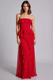 Vermelho Babado Sem Alças Bainha Chiffon Longo Vestidos Cerimónia