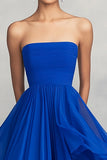 Azul Real Babados Linha-A Chiffon Sem Alças Longo Vestidos Cerimónia