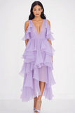 Decote em V Lilás Chiffon Longo Babados Vestido De Baile