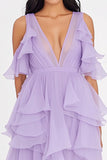 Decote em V Lilás Chiffon Longo Babados Vestido De Baile