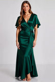 Vestidos Cerimónia Verde Escuro Longo Cetim Mangas Curtas