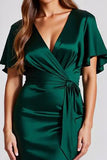 Vestidos Cerimónia Verde Escuro Longo Cetim Mangas Curtas