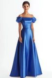 Azul Real Cetim Sem Ombros Longos Vestido Cerimónia