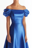 Azul Real Cetim Sem Ombros Longos Vestido Cerimónia