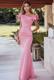 Sereia Rosa Cetim Ruched longo vestido formal com mangas babadas