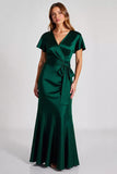 Verde Escuro Decote em V Cetim Longo Vestidos Cerimónia com Mangas Curtas