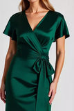 Verde Escuro Decote em V Cetim Longo Vestidos Cerimónia com Mangas Curtas