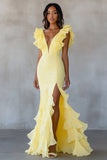 Sereia Amarela V-Neck Tiered Vestido Formal Longo com Folhos Fenda