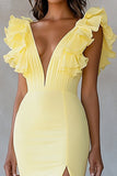 Sereia Amarela V-Neck Tiered Vestido Formal Longo com Folhos Fenda