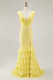 Vestido de Baile Amarelo Comprido Sereia com Decote em V Babados