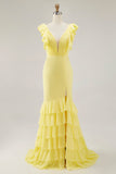 Sereia Amarela V-Neck Tiered Vestido Formal Longo com Folhos Fenda